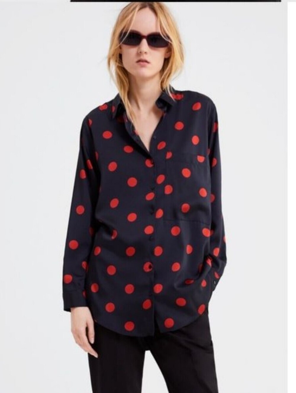Zara Navy Long Polka Dot Button Down Size XL